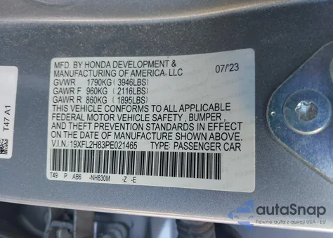 2023 Honda Civic Sport z USA, uszkodzony, nr VIN 19XFL2H83PE021465